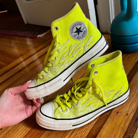 Converse Glitter Flame High Tops in Neon Yellow Lemon - Picture 1 of 5